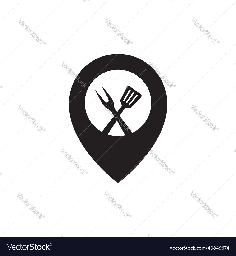 Pin Karte Kreuz Spatel mit Fleisch Gabel Logo Design