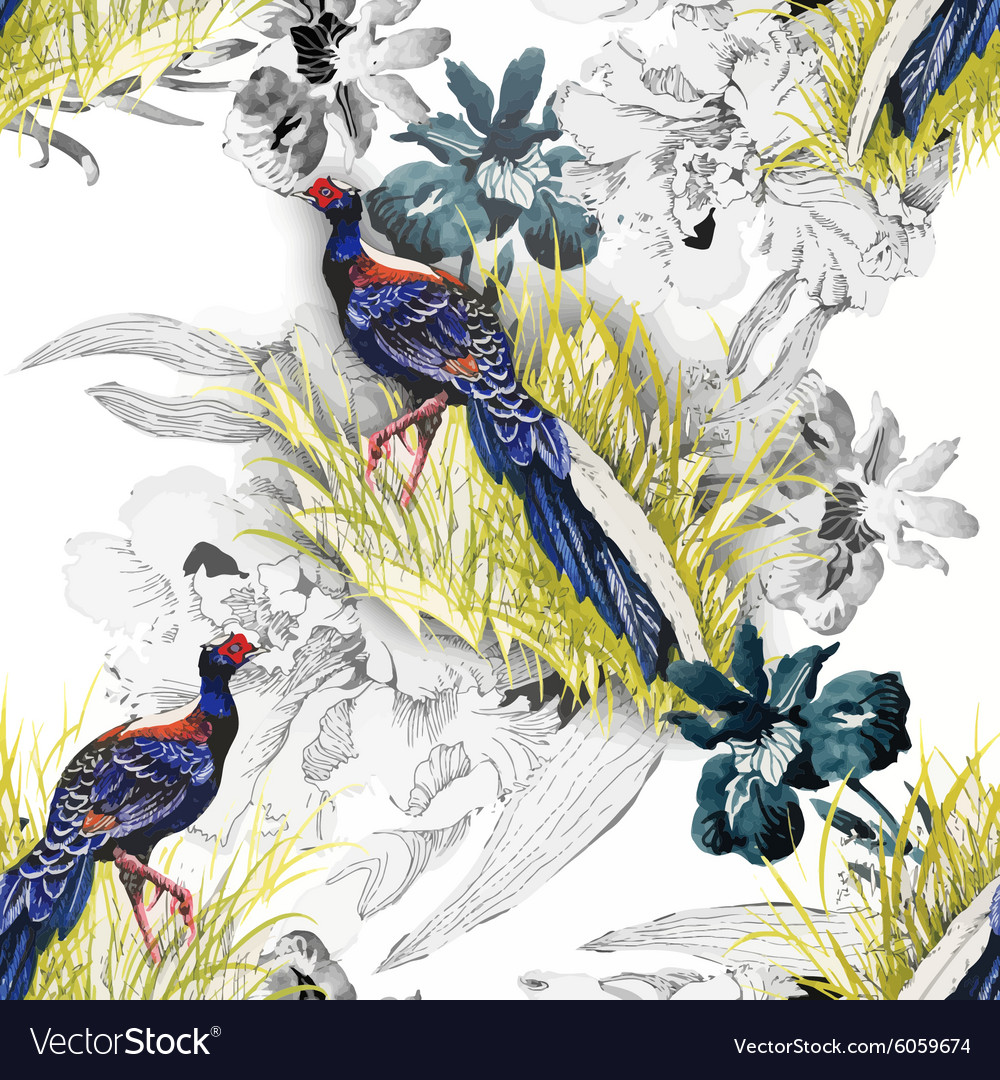 Watercolor Pheasant Floral Pattern