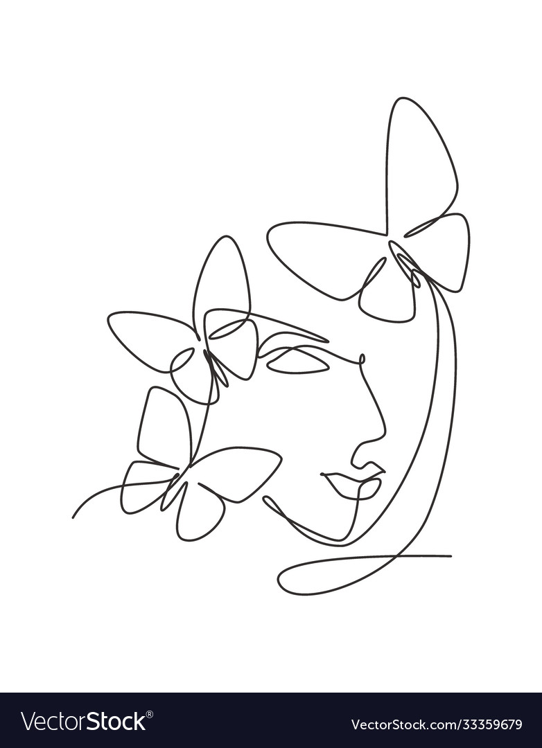 One single line drawing woman with butterfly