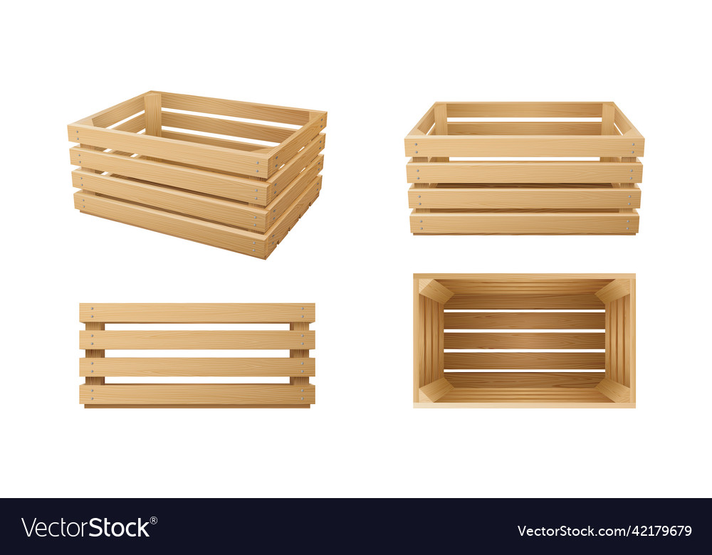 Set of realistic wooden boxes baskets Royalty Free Vector