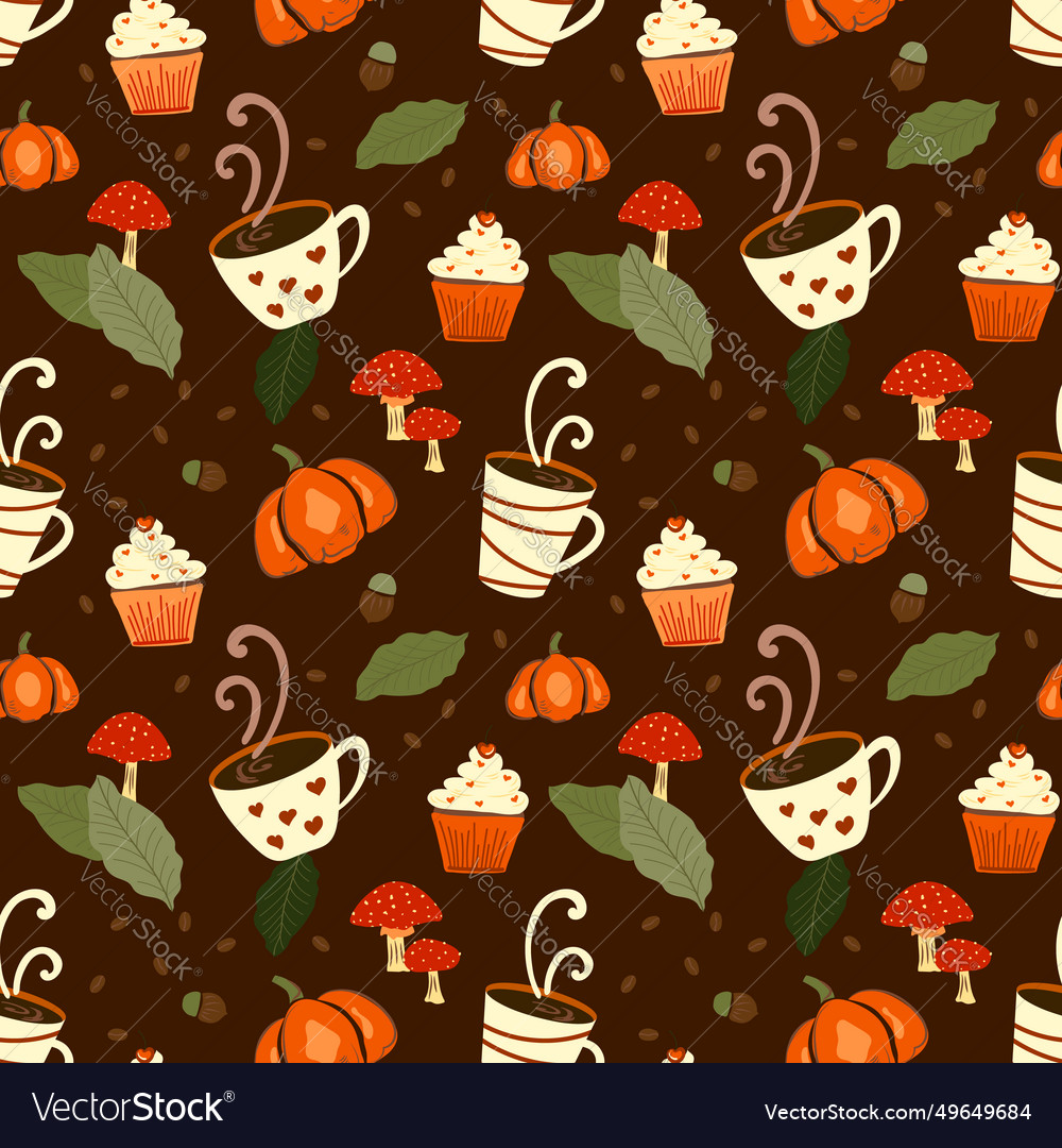 Autumn seamless pattern with leaves acorn hot