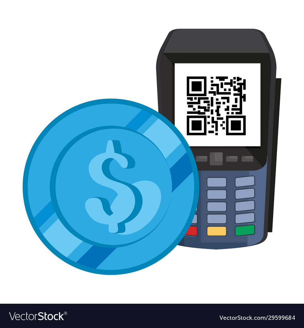 Dataphone with scan code qr and coin vector image Dataphone with scan code qr and coin