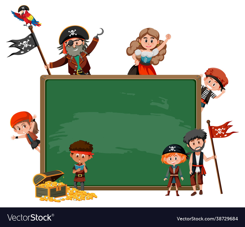 Empty blackboard with many pirate kids cartoon