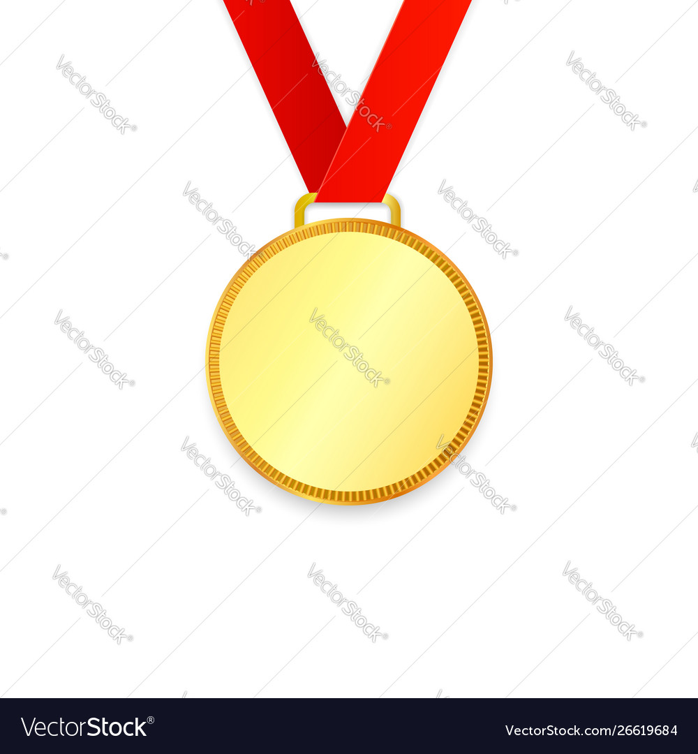 Gold medal on red ribbon with relief detail Vector Image