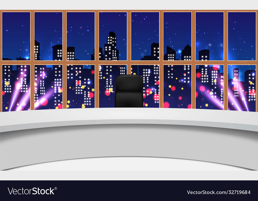 News Studio With City In Night Background Vector Image