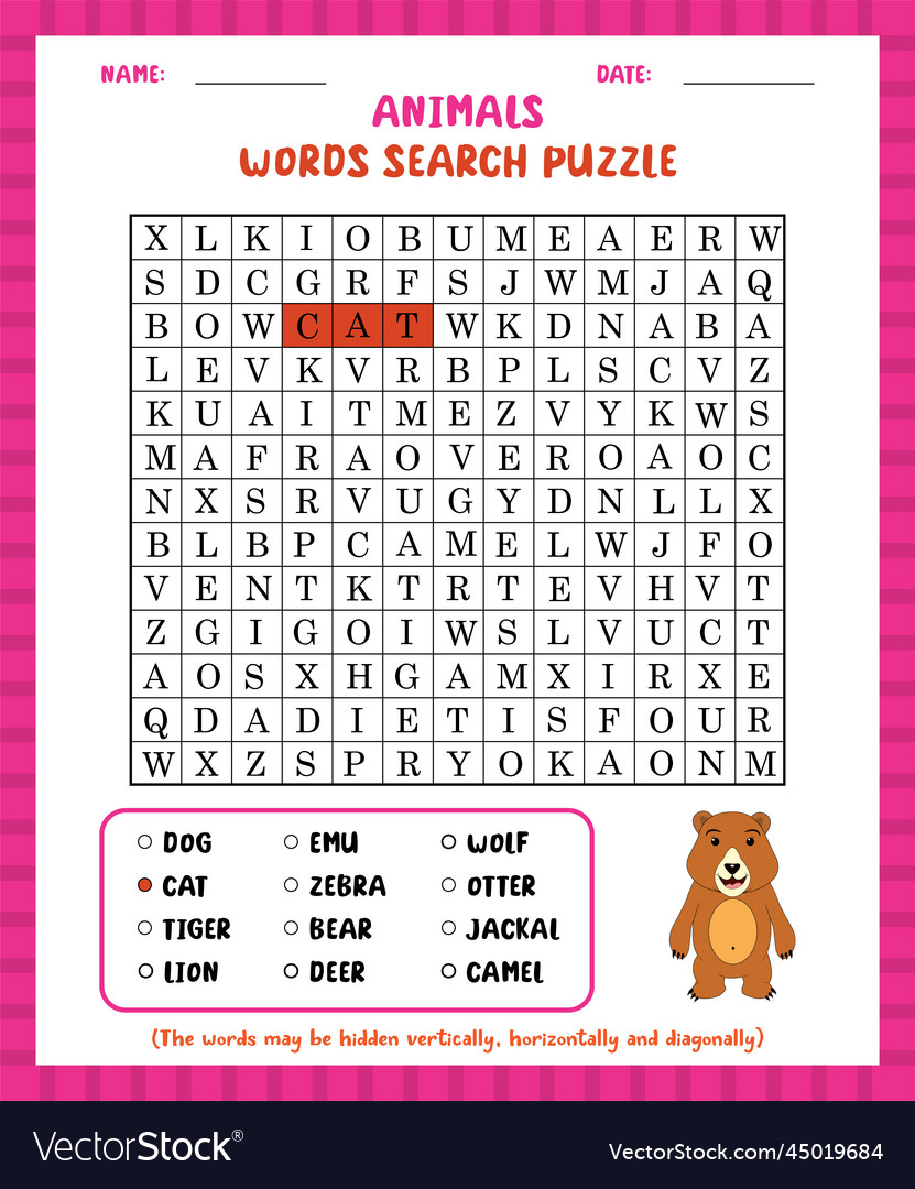 Word search game animals puzzle worksh