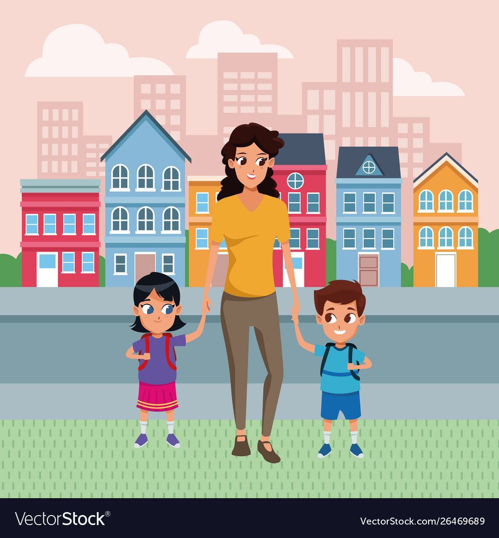 Family single parent with children cartoon Vector Image