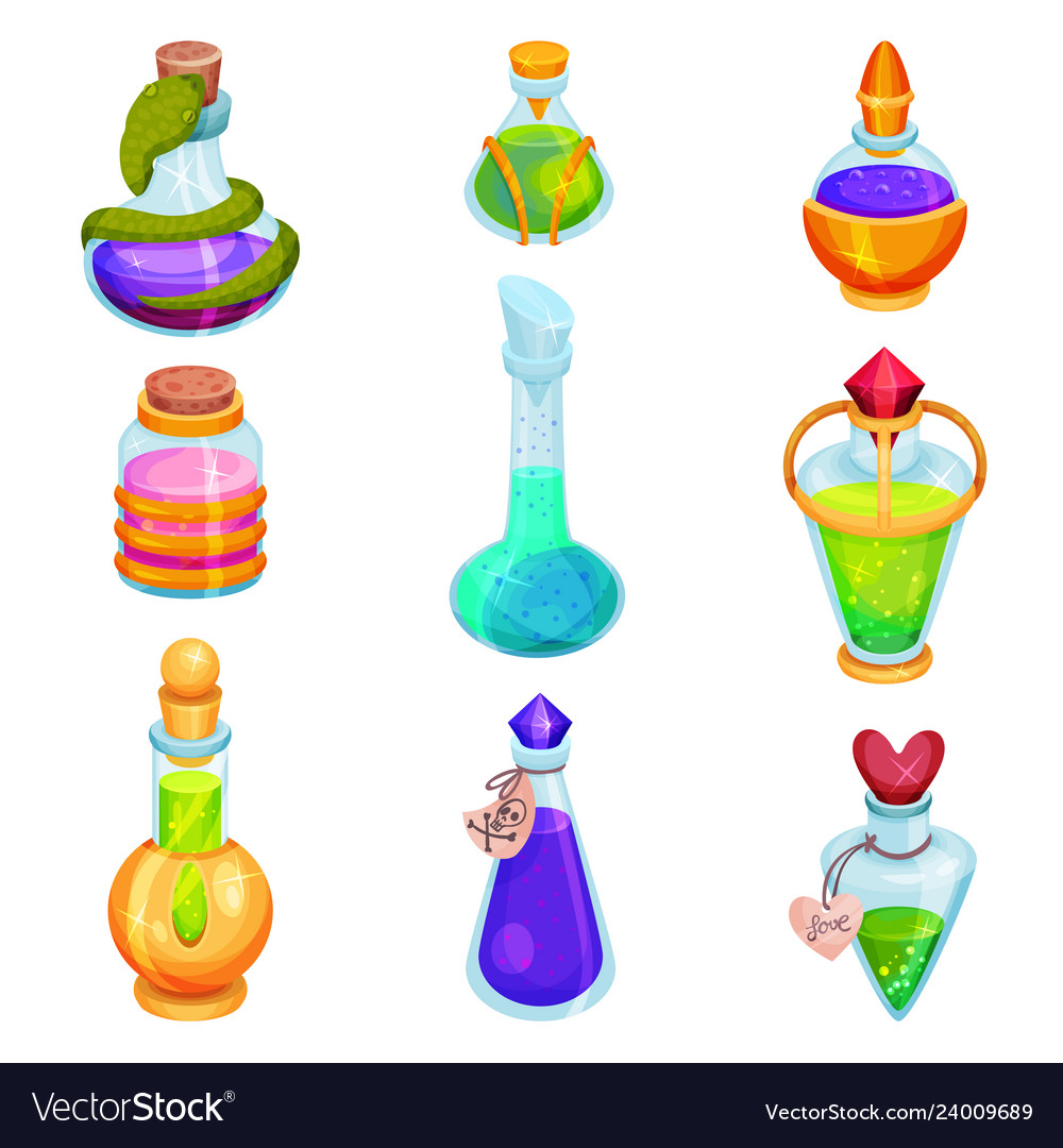 Flat set different small bottles Royalty Free Vector Image