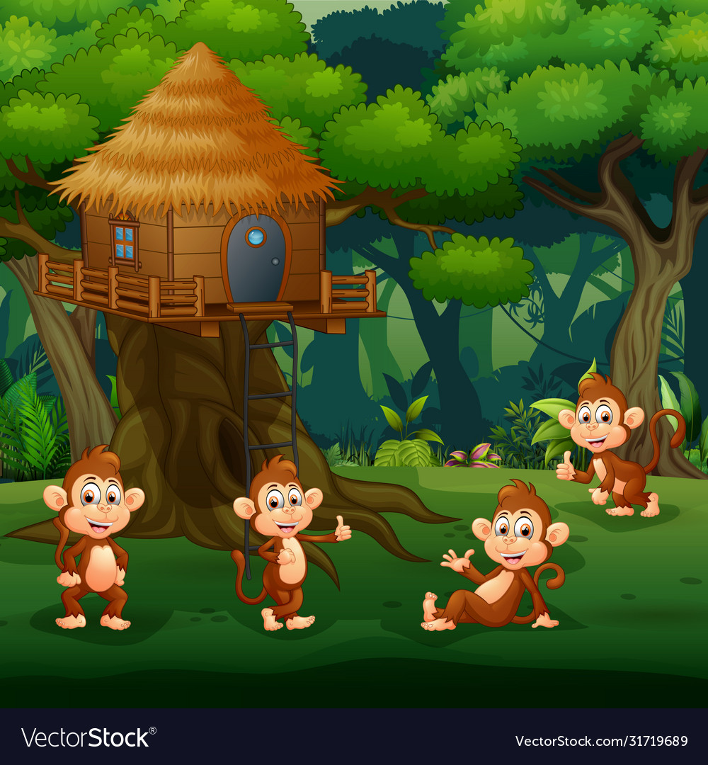 Scene with group monkey playing at treehouse