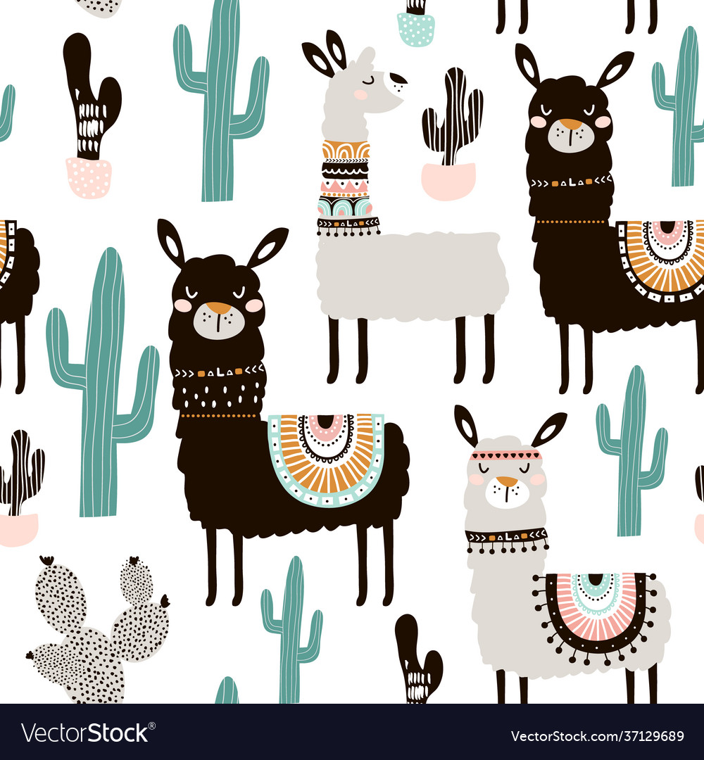 Seamless pattern with llama cactus and hand drawn vector image Seamless pattern with llama cactus and hand drawn