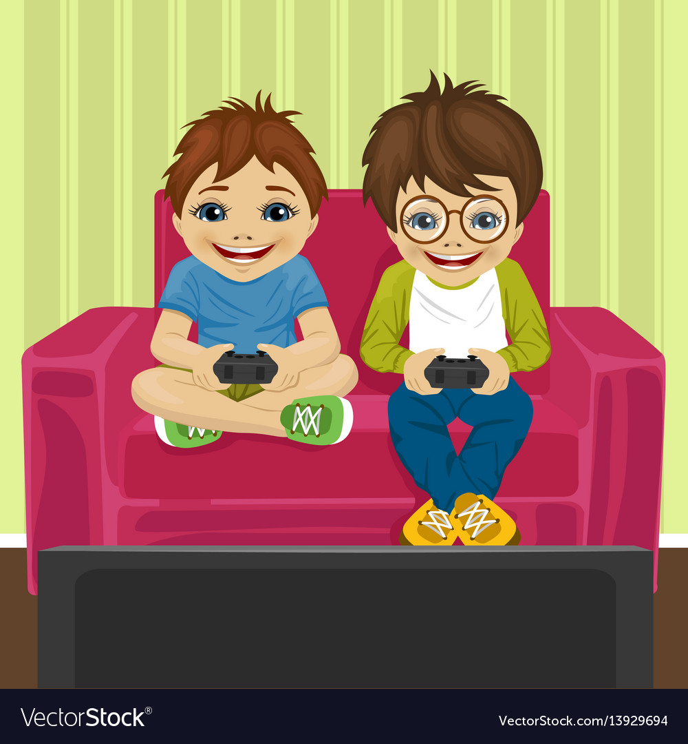 Friends playing video game at home sitting on sofa