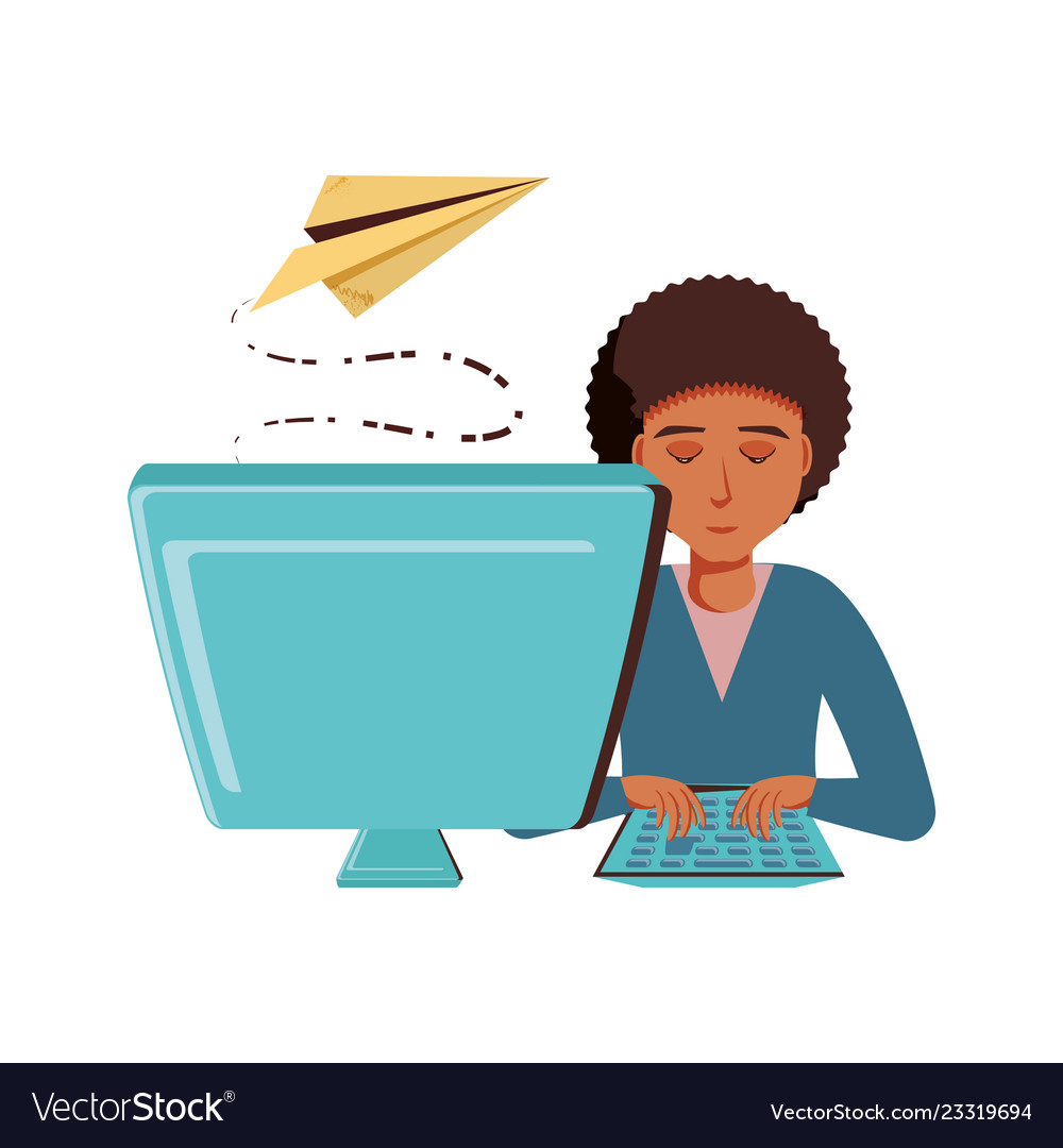 Man black with desktop computer and airplane paper