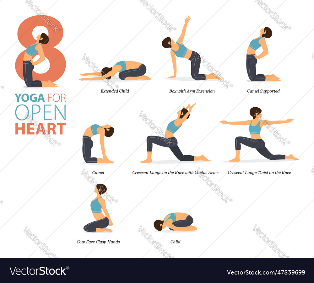 8 yoga poses or workout in open heart concept Vector Image