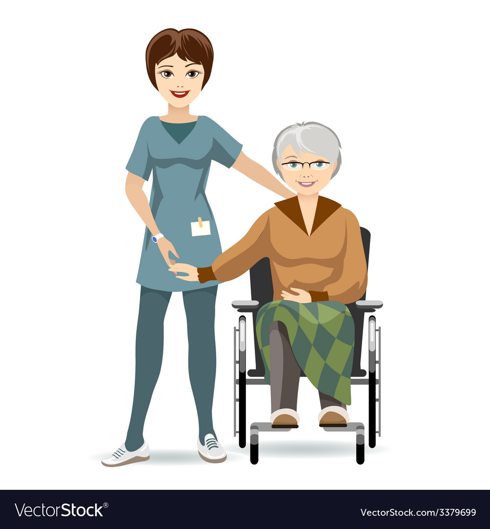 Senior woman on wheelchair and nurse Royalty Free Vector