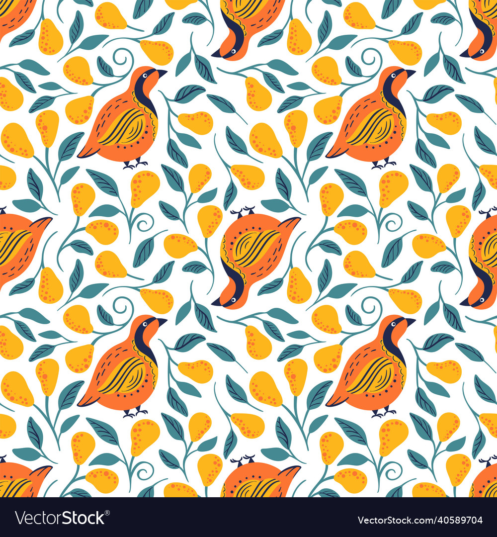 Partridge and pear tree seamless pattern vector image Partridge and pear tree seamless pattern