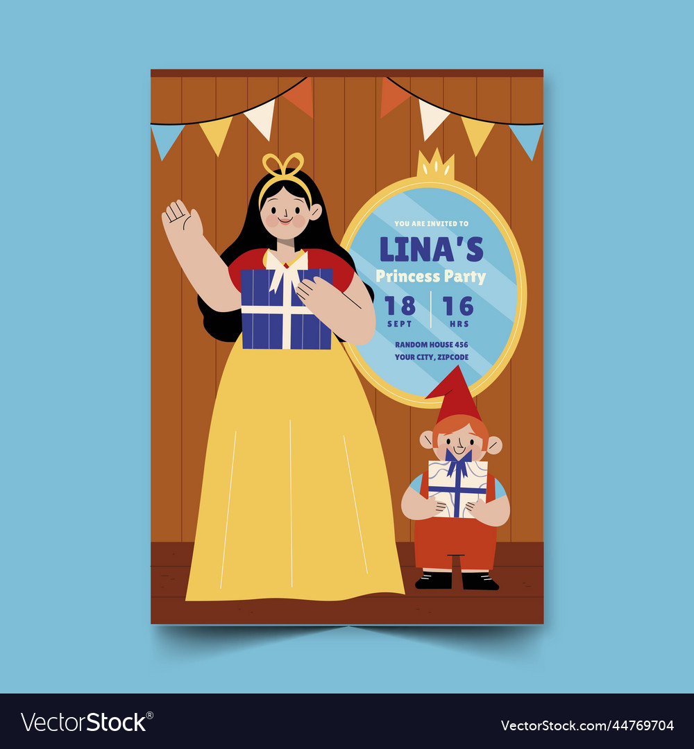 Snow white birthday invitation template design Vector Image