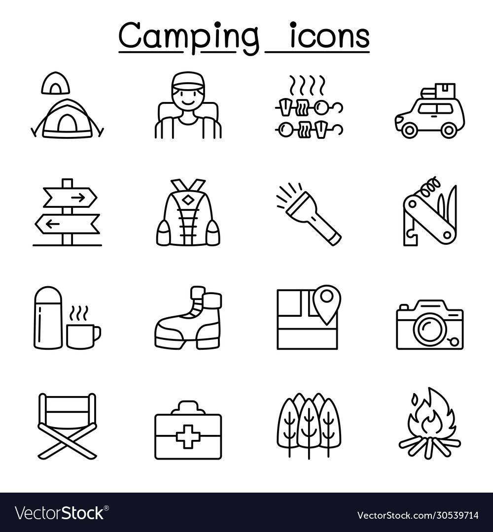 Camping hiking icons set in thin line style Vector Image