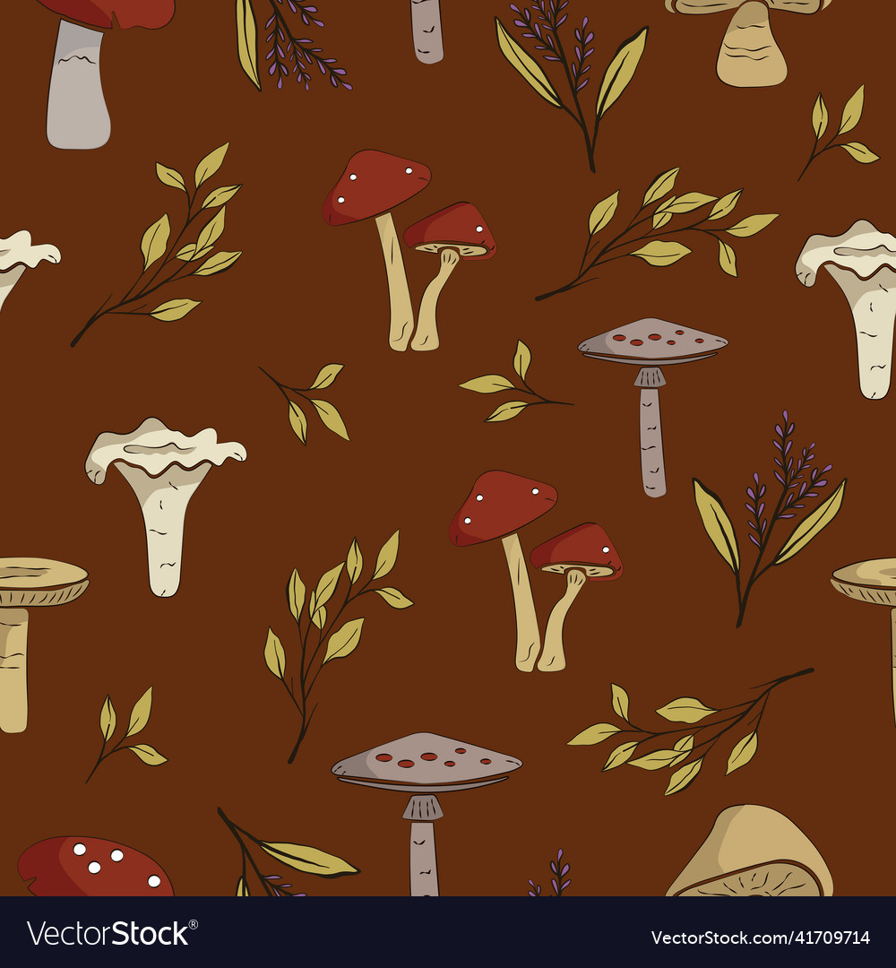 Mushroom and twig pattern on brown background