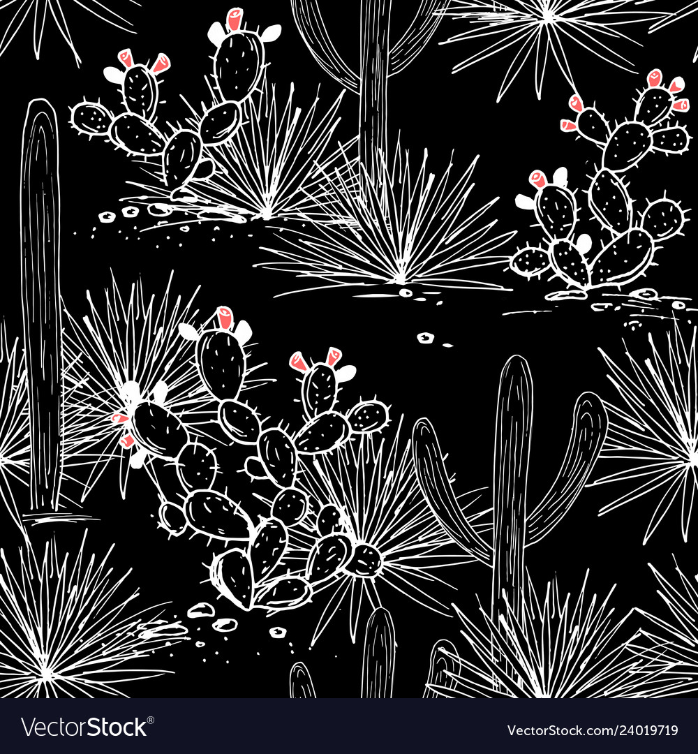 Hand drawn seamless pattern with sketch saguaro vector image Hand drawn seamless pattern with sketch saguaro