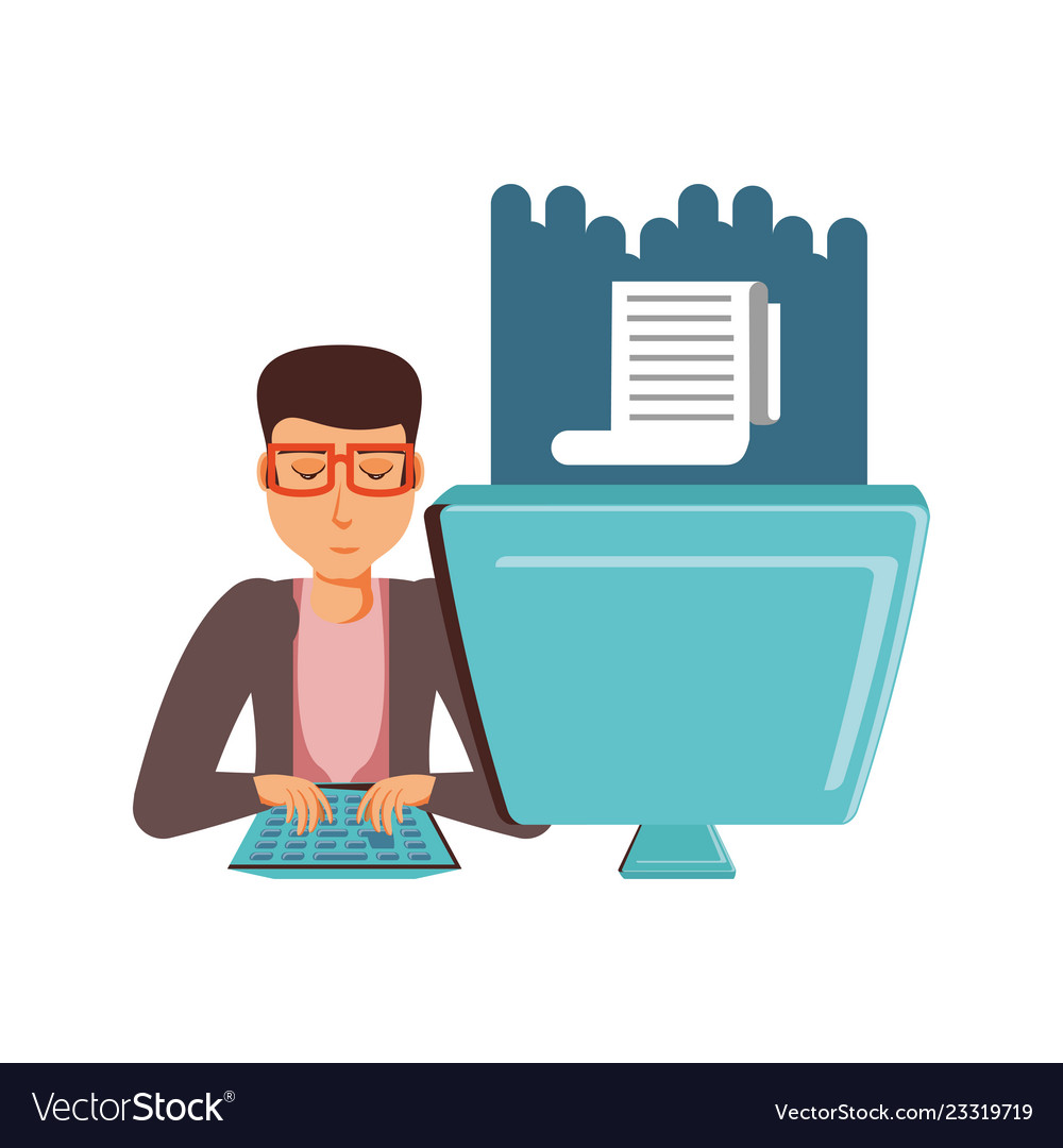 Man with desktop computer and paper receipt