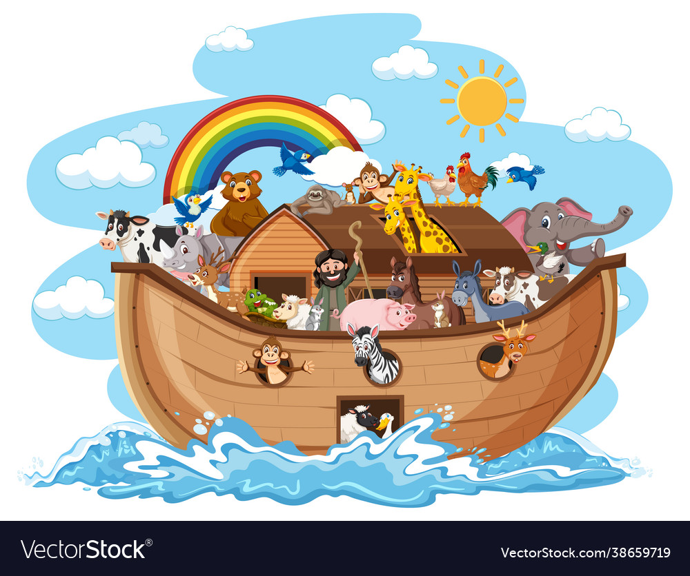 Noahs ark with animals on water wave isolated