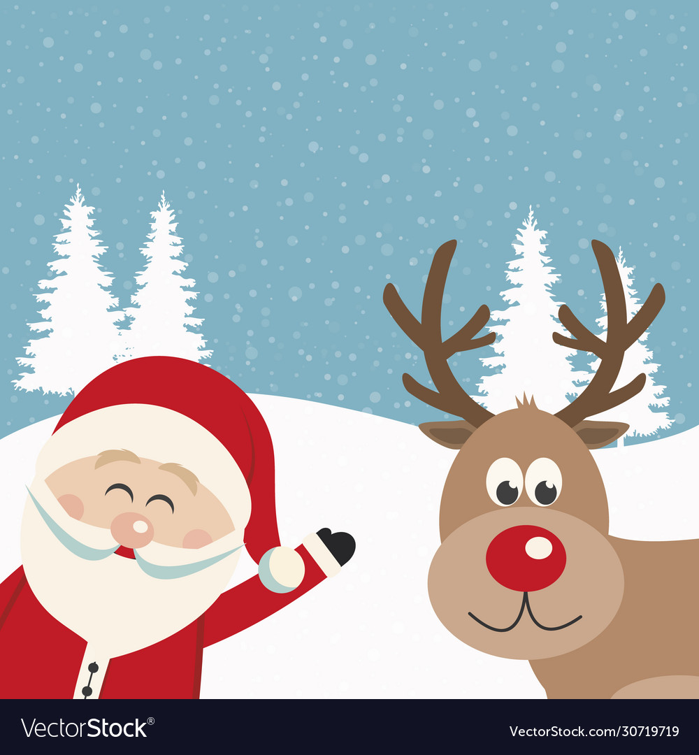 Santa claus and reindeer snowy background