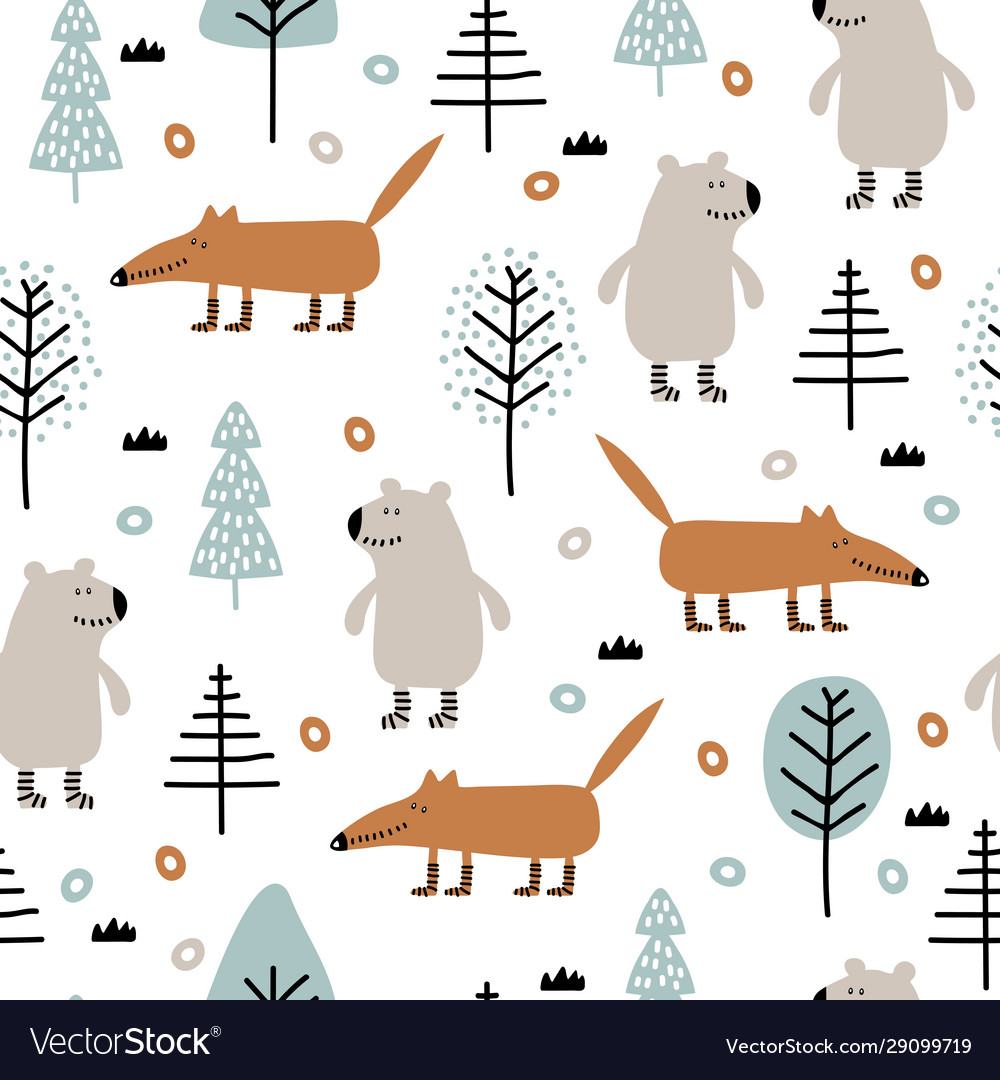 Seamless childish pattern with bear fox in wood