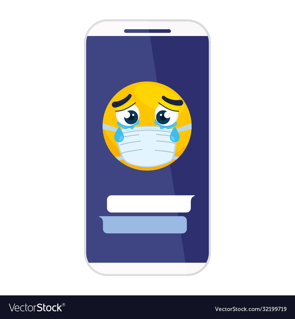 Smartphone with emoji crying wearing medical mask