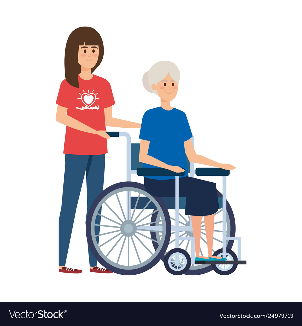 Young woman volunteer with old in wheelchair Vector Image