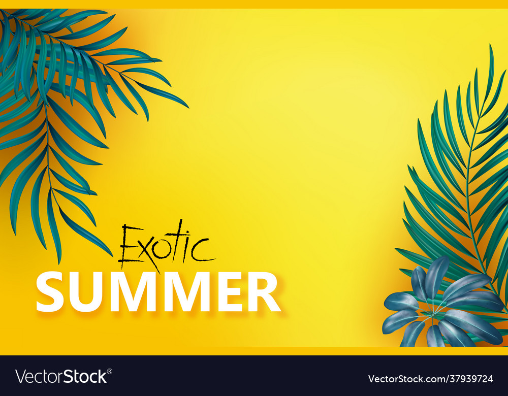 Flat-lay blue green palm branches over yellow