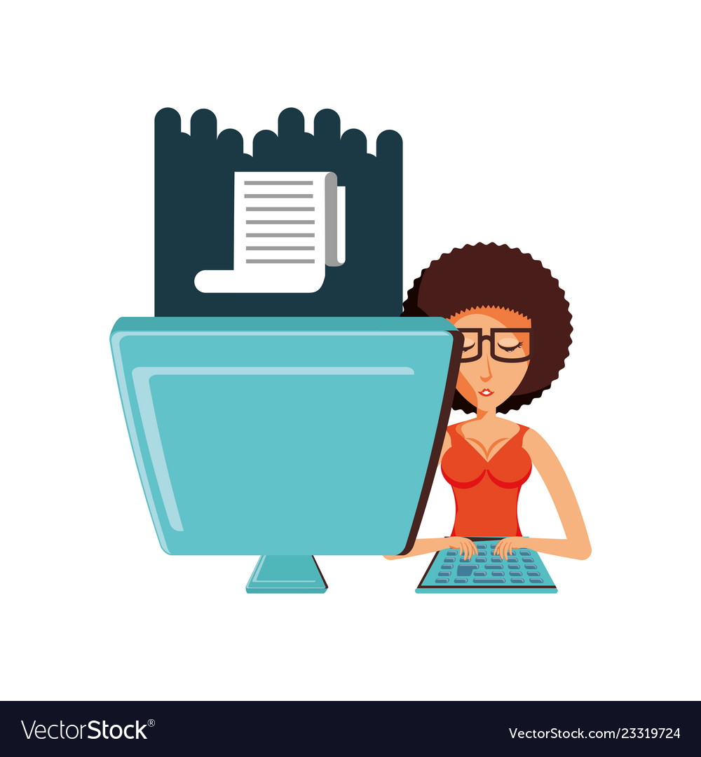 Woman with desktop computer and paper receipt