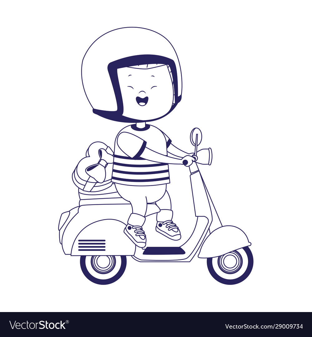 Cartoon happy boy riding a classic motorcycle icon