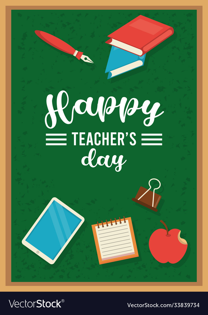 Happy teachers day card with chalkboard and set Vector Image