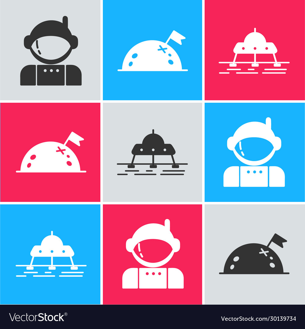 Set astronaut planet with flag and mars rover vector image Set astronaut planet with flag and mars rover