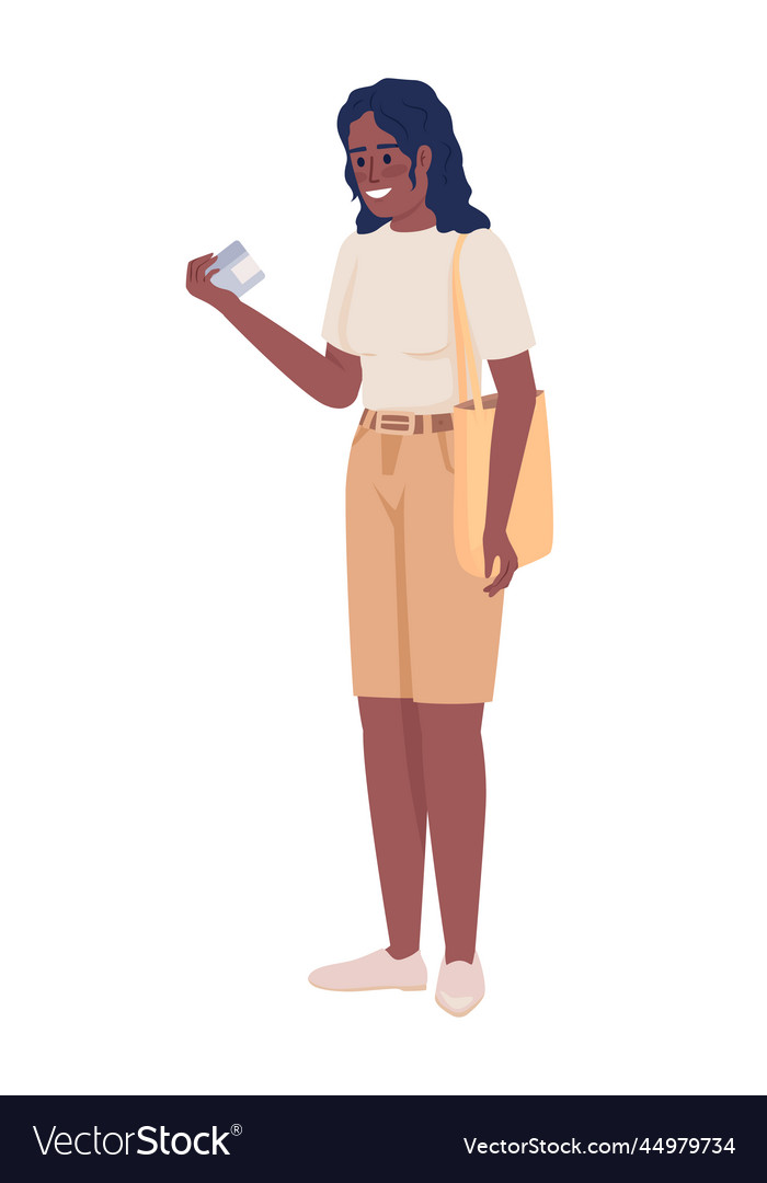 Woman holding cream jar semi flat color character vector image Woman holding cream jar semi flat color character