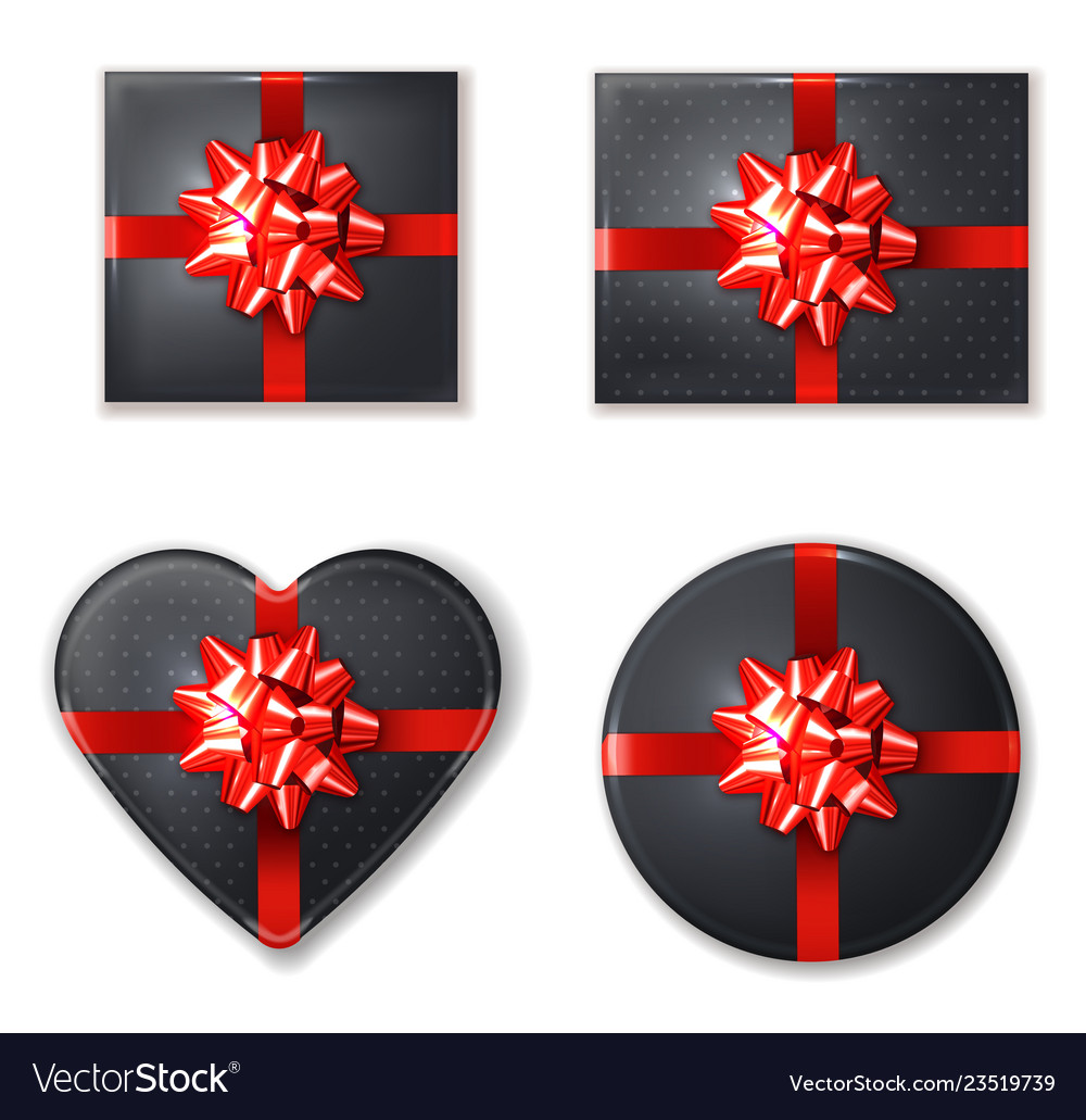 Black giftbox set with red bow realistic