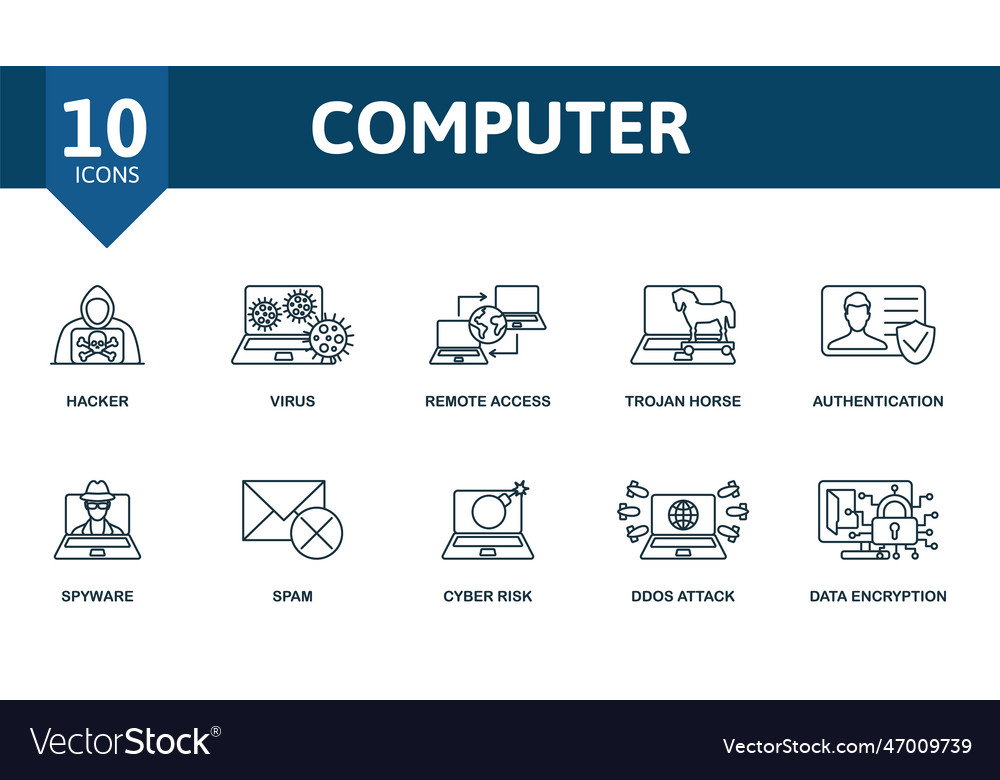 Computer outline set creative icons hacker virus vector image Computer outline set creative icons hacker virus