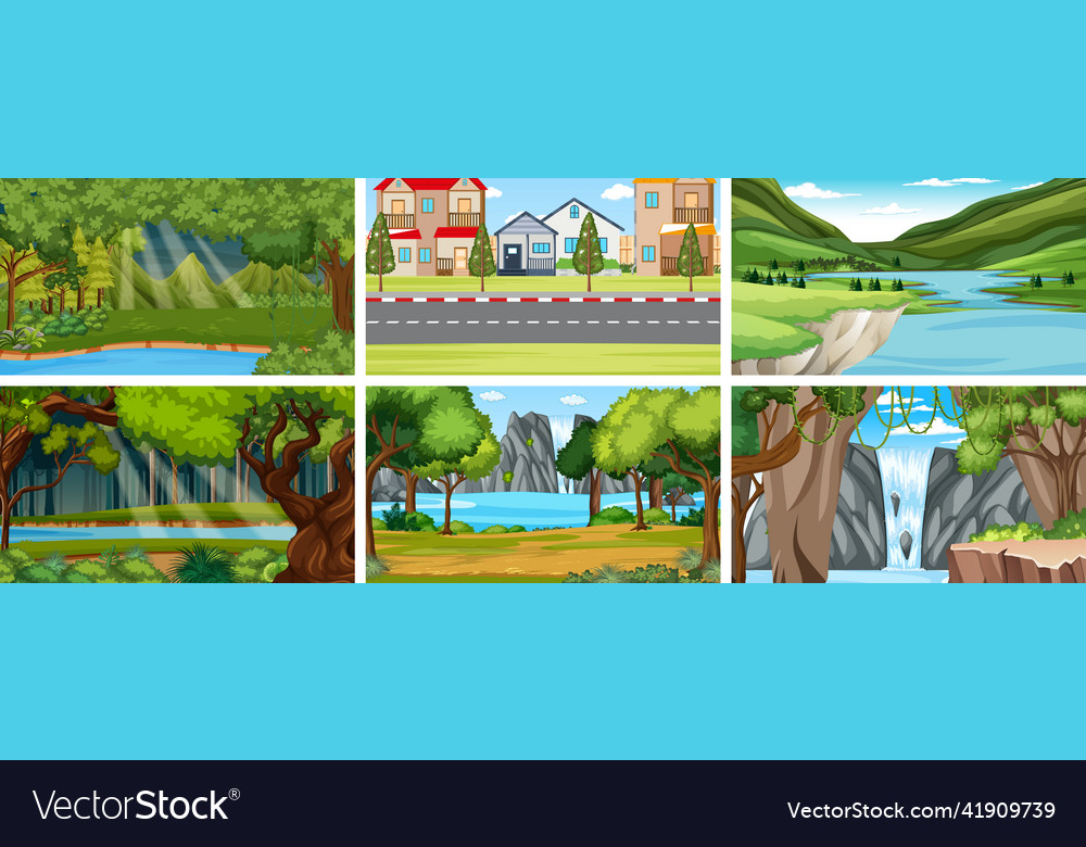 Nature scene with many trees and river Vector Image Nature scene with many trees and river