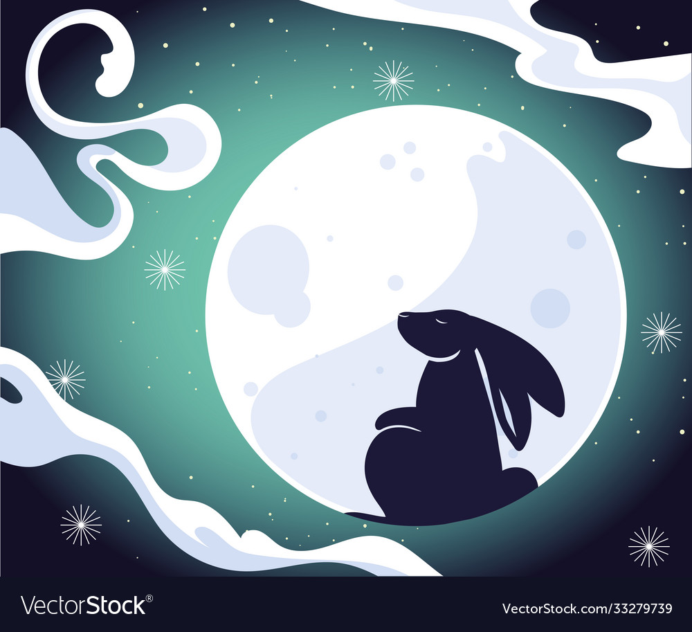 Rabbit on moon with clouds and stars happy mid Vector Image