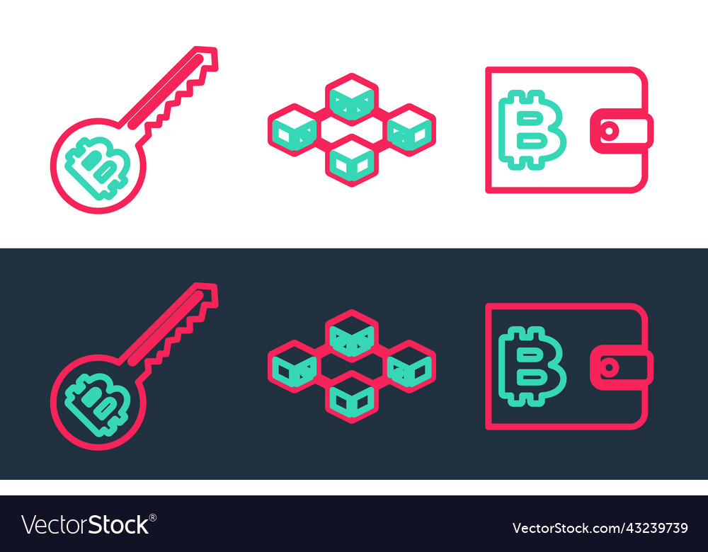 Set line cryptocurrency wallet key and blockchain vector image Set line cryptocurrency wallet key and blockchain