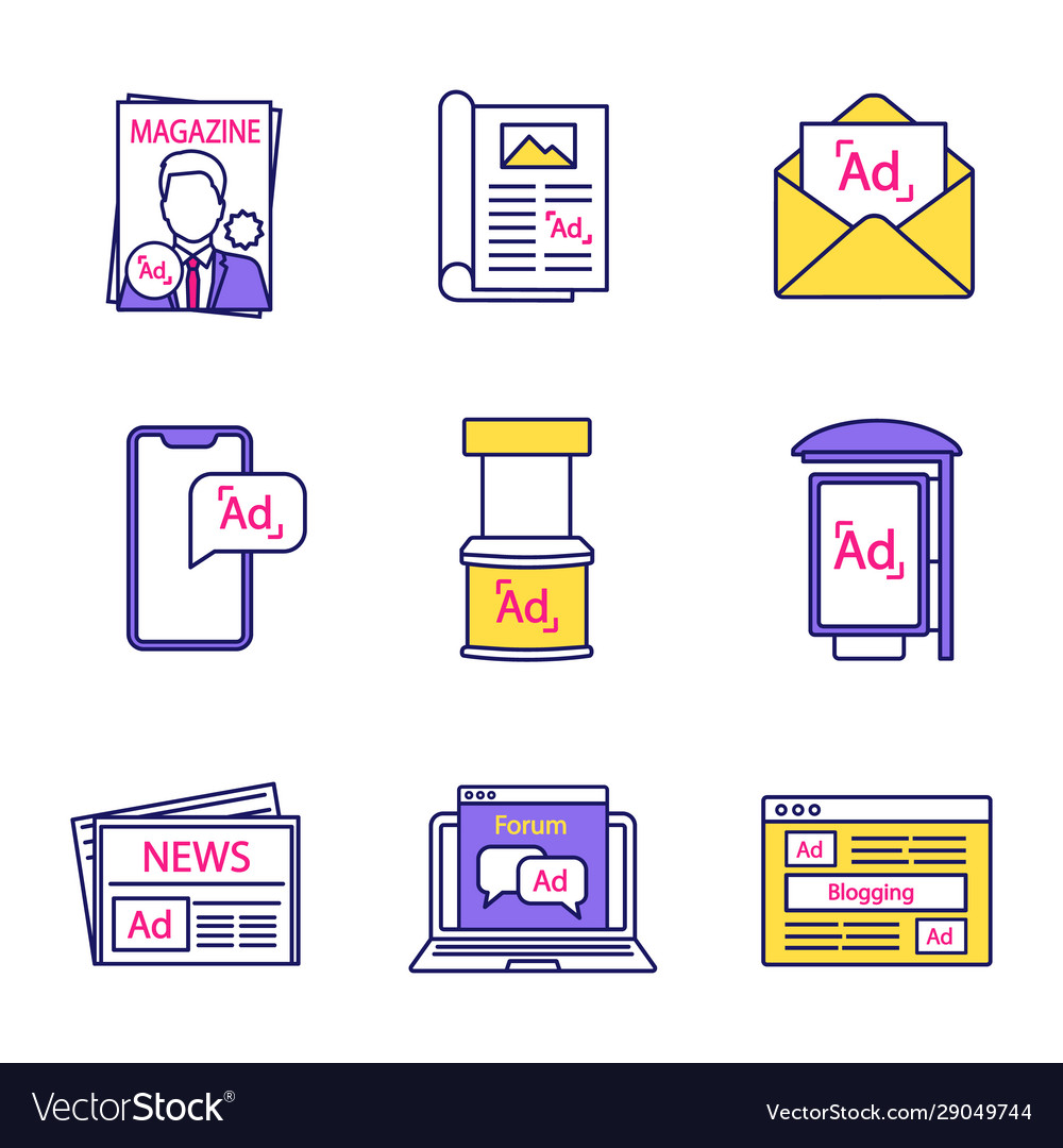 Advertising channels color icons set