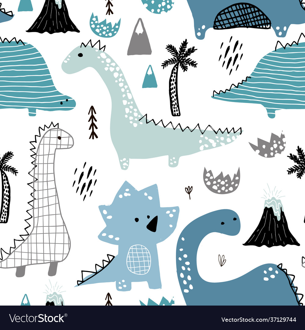 Childish seamless pattern with hand drawn dino Vector Image