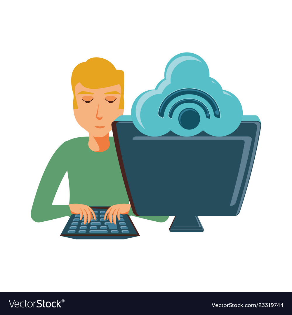 Man with desktop computer and cloud computing