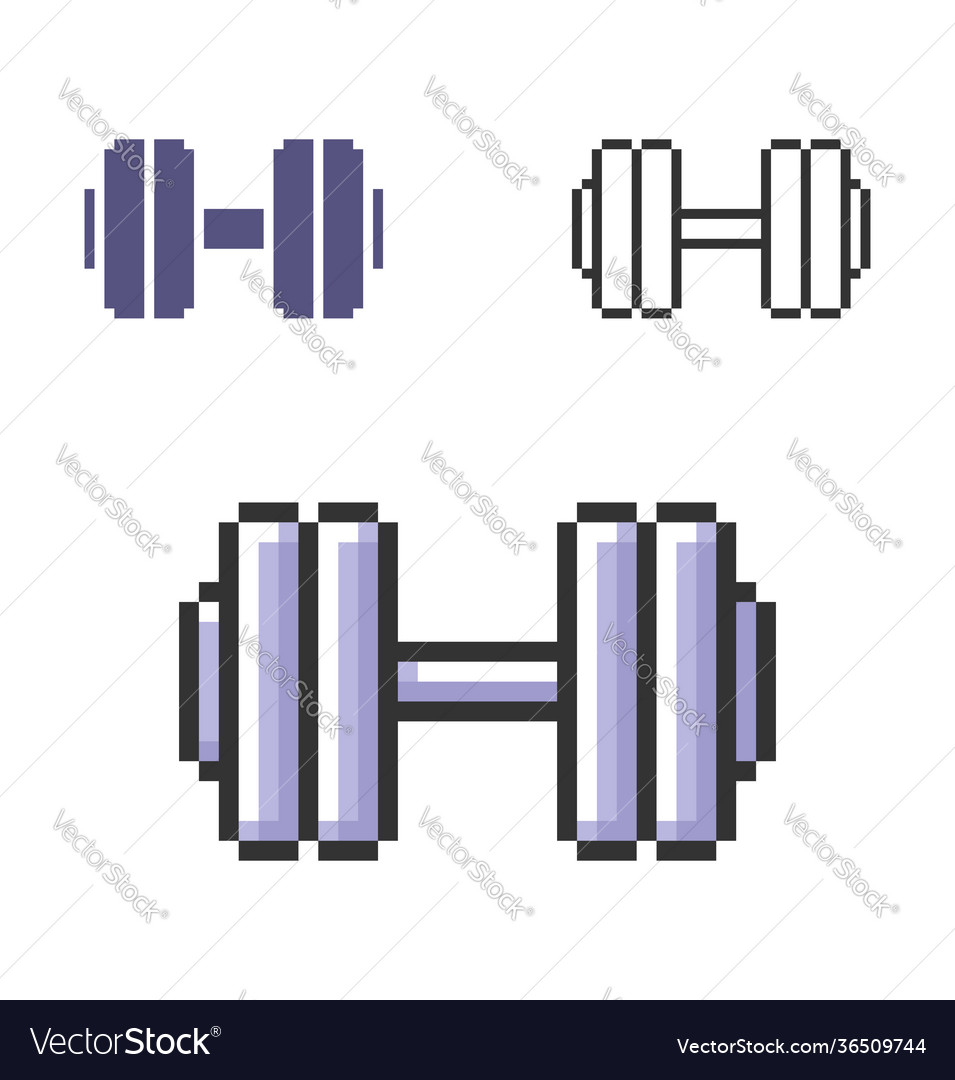 Pixel icon dumbbell in three variants fully vector image Pixel icon dumbbell in three variants fully