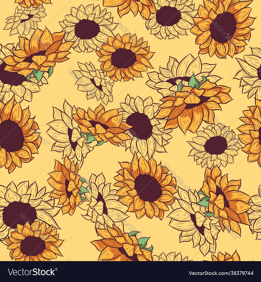 Yellow seamless pattern with sunflower drawings Vector Image