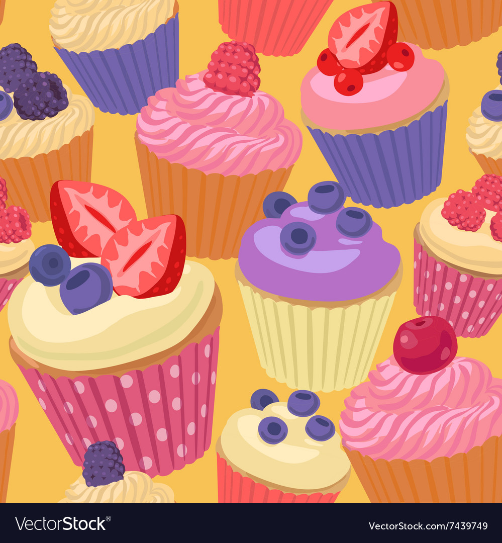 Cupcakes with berries seamless pattern