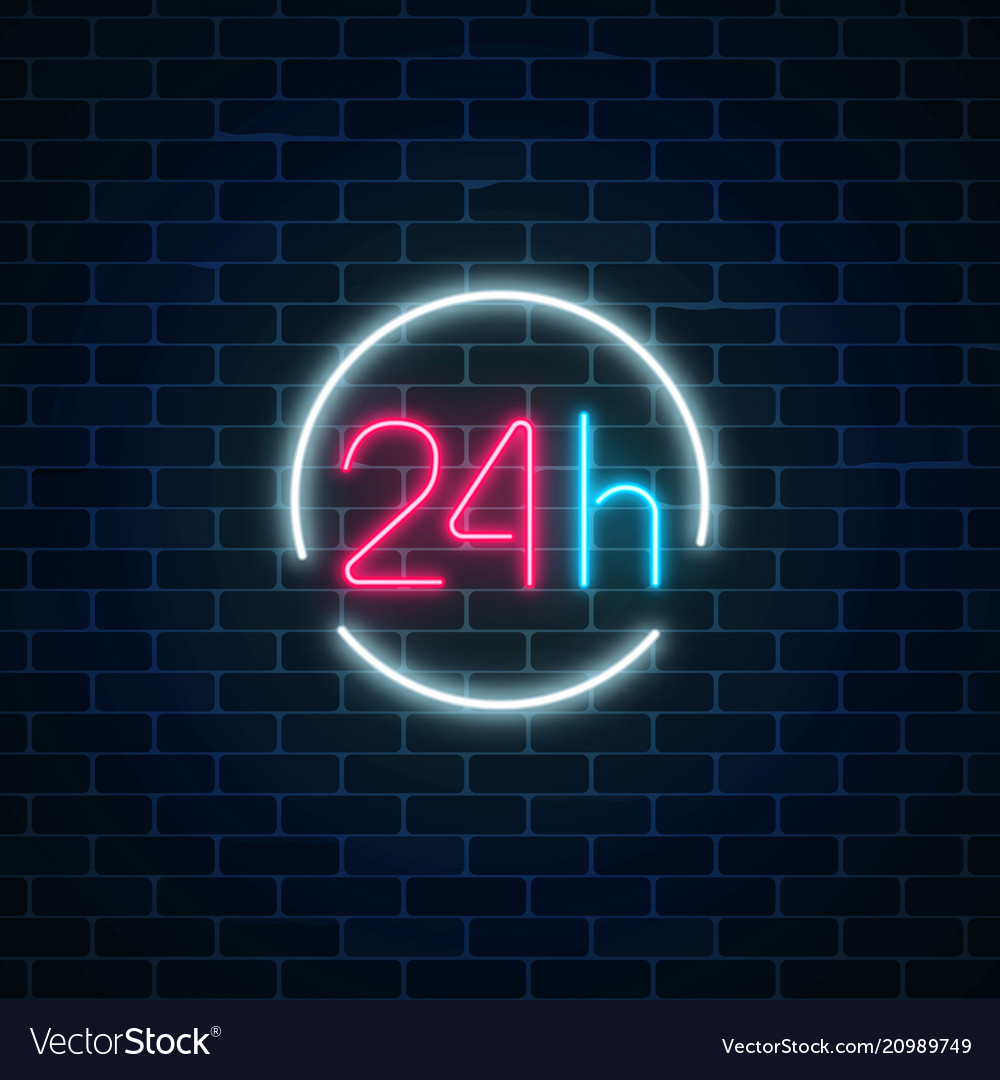 Neon open 24 hours sign in circle frame round vector image Neon open 24 hours sign in circle frame round