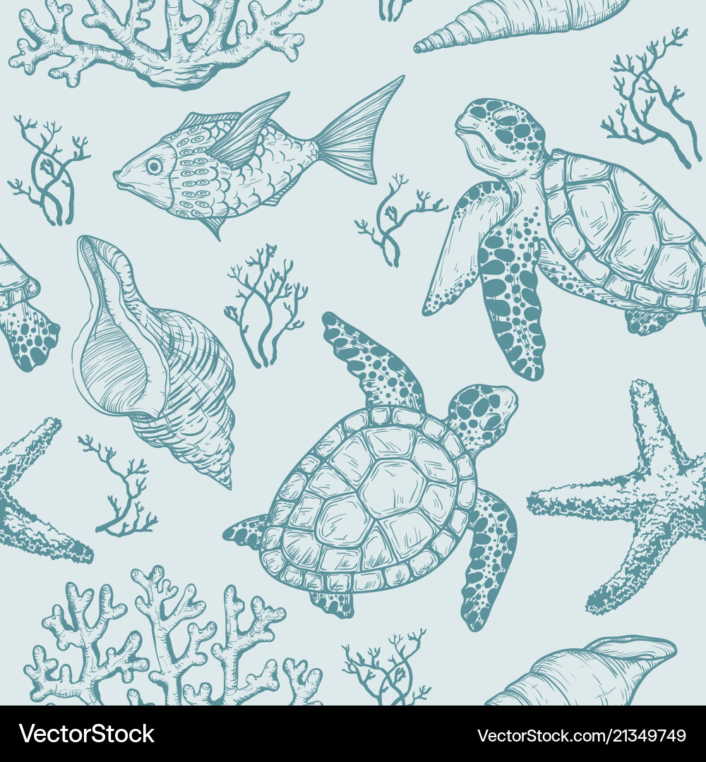 Seamless pattern with shells fish corals turtle Vector Image