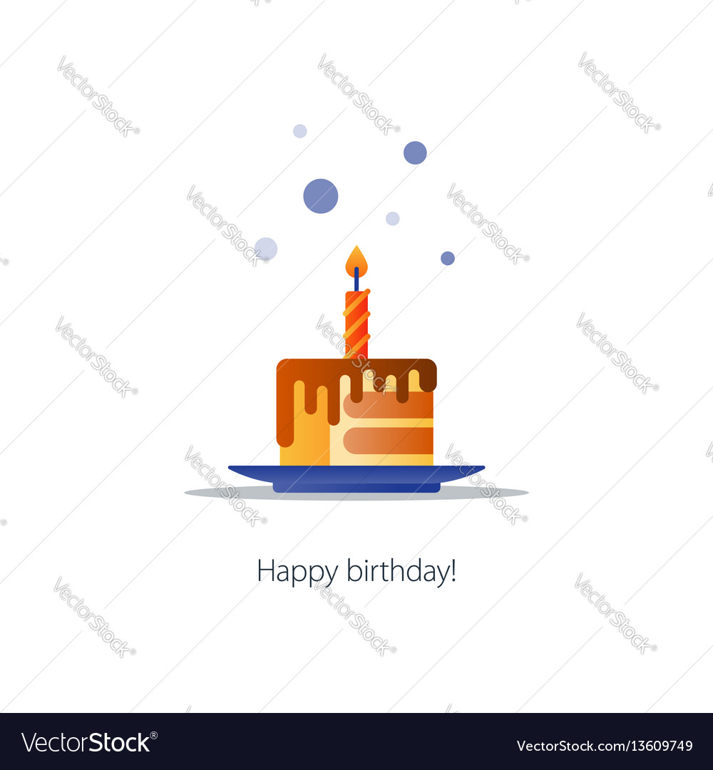 Slice of layered cake on dish with candle tasty Vector Image