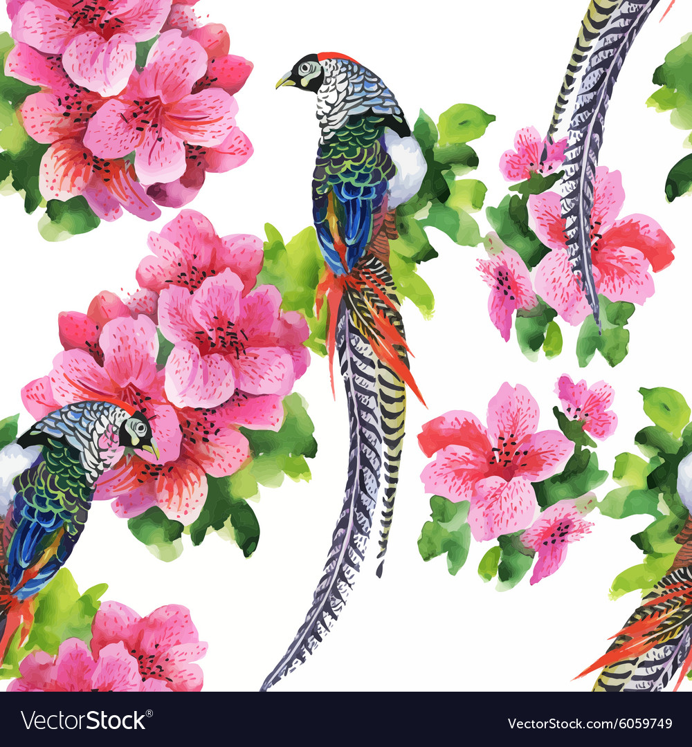 Watercolor Wild Pheasant Floral Seamless Pattern